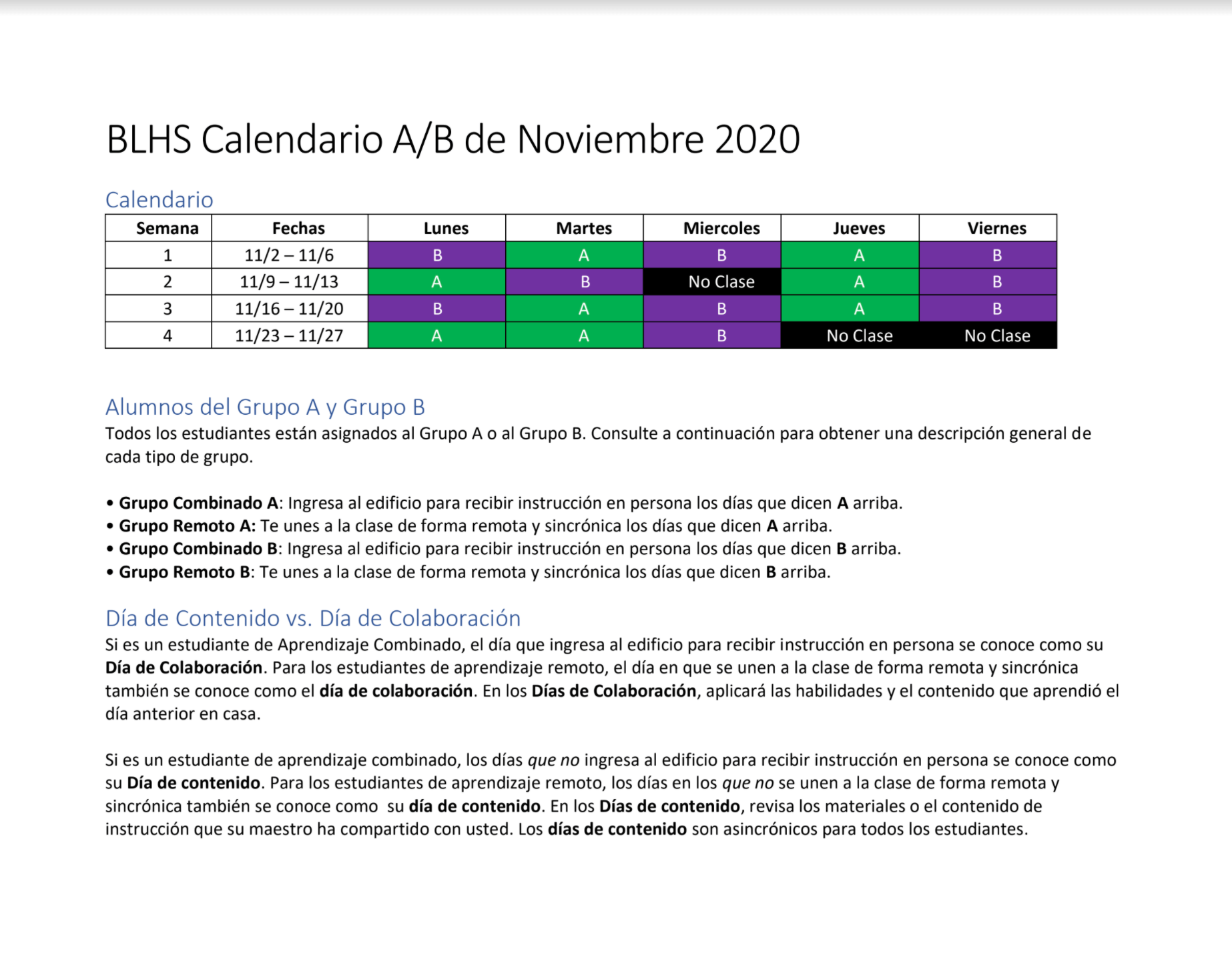 BLHS November 2020 Schedule
